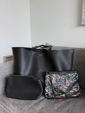 Victoria's Secret Black Tote with Sequin Pouch Set